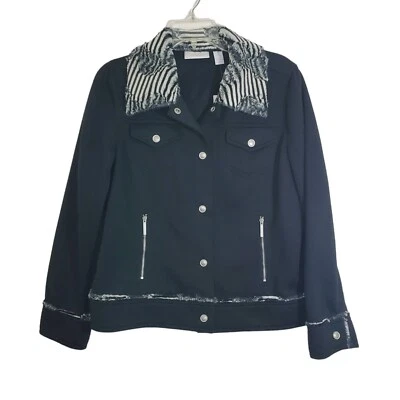 NWT Chico's Faux Fur Zebra Trim Jacket Black Boho Artsy Animal Safari Medium - Image 1 of 4