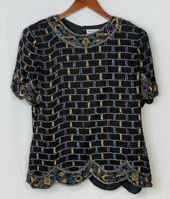 Black Bead Silk Lined Scallop Hem Evening Blouse Size LARGE Papell Boutique - Image 1 of 4