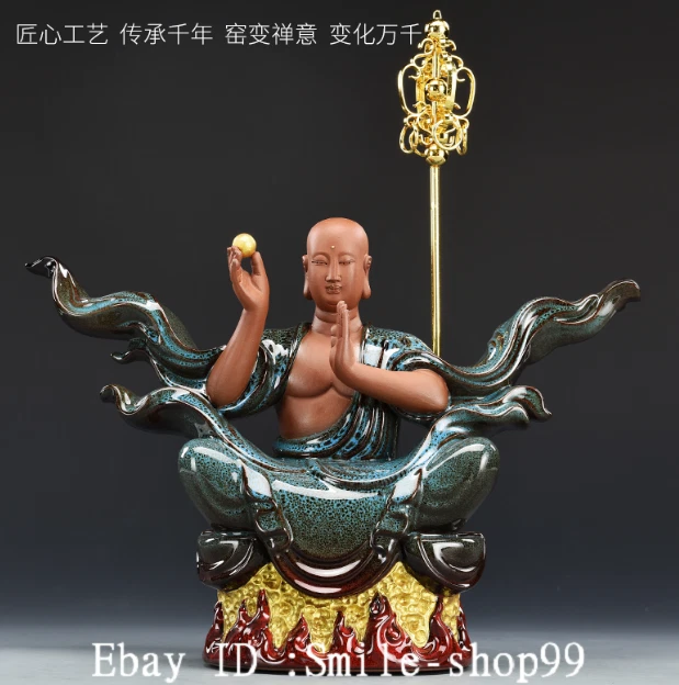 Estatua de Buda de 13,1" Antigua Dehua Color Porcelana Dorado Tang Seng San Zang Ksitigarbha Foto 1 de 4