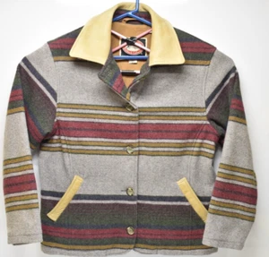 Chaqueta de colección australiana Outback lana suroeste a rayas adorno de cuero para mujer Med. - Imagen 1 de 14