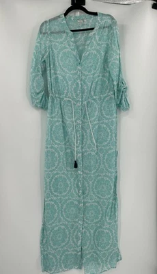 Boden Long Sheer Floral Kaftan Dress Turquoise & White Size L Roll Tab Sleeve - Image 1 of 4