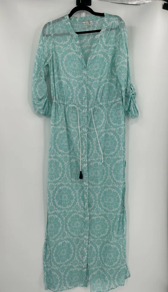 Boden Long Sheer Floral Kaftan Dress Turquoise & White Size L Roll Tab Sleeve - Image 1 of 4