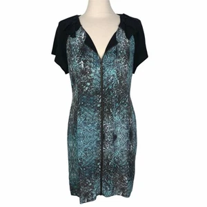 NWT Vena Cava Black Teal Printed Short Sleeve 100% Silk Sheath Dress Womens 10 - Picture 1 of 9