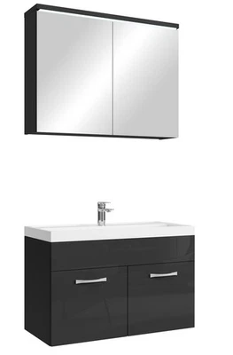 Badezimmer Badmöbel-Set Paso 02 80cm Waschbecken Hochglanz Schwarz Fronten - Unt - Bild 1 von 4