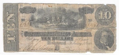 T-68 1864 $10 Confederate States of America Genuine Civil War Money RMT Hunter - Image 1 of 2
