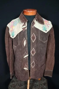 Vintage 1970's Brown Suede Hand Painted Hippie Era Jacket Size Medium Exc Cond - Picture 1 of 7