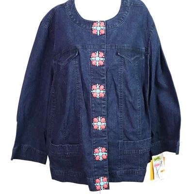 NWT Ruby Rd Denim Jacket Jean Collarless Coral Turquoise Beaded Buttons 24W Plus - Image 1 of 4