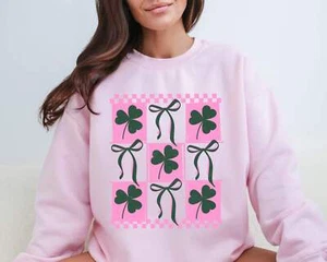 St Patrick's Day Cute Checked Grid Shamrock Bows ~ T-shirts, Sweatshirts - Picture 1 of 35
