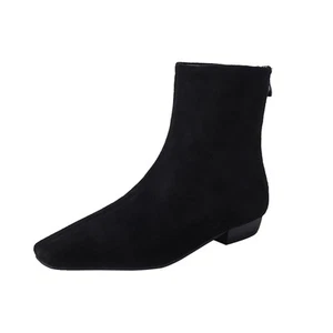 Beauty Cry Black Women's Ankle Boots Flat Low No Heel Booties Suede Square To... - Picture 1 of 9
