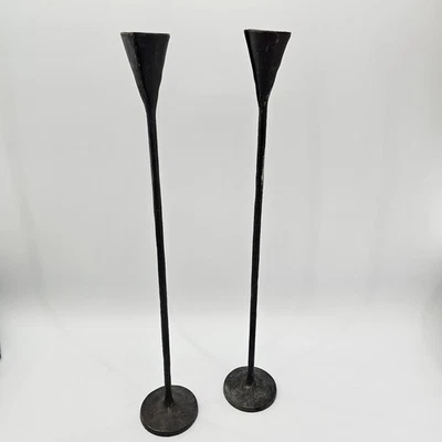 Pair 2 Brutalist Pottery Barn Petaluma 24” Candlestick Holders, Rustic Cast Iron - Image 1 of 4