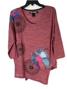 Desigual Womens Embroidered Stretch Jersey Asymmetric Top Blouse Relaxed Sz L - Picture 1 of 13