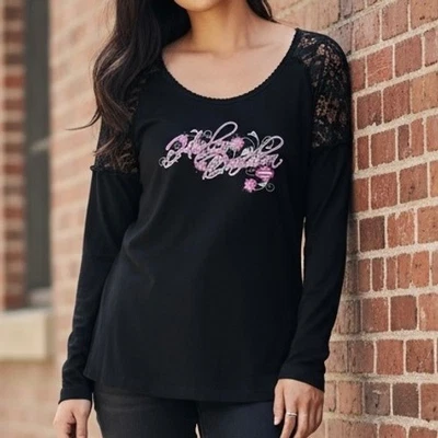 Harley Davidson Long Sleeve Shirt Womens Size M Black Lace Trim Graphic Pink Jax - Image 1 of 4