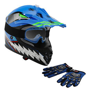 DOT Youth Kid Full Face Helmet Goggles Gloves Off-Road ATV Motocross Enduro Blue