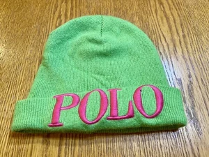 RALPH LAUREN POLO-BRIGHT GREEN WITH PINK POLO  LOGO WINTER HAT SOFT KNIT BLENDS - Picture 1 of 6