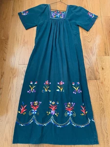 Vintage 70s Dark Blue Embroidered Ethnic Hippie Kaftan Caftan Maxi Dress L - Picture 1 of 8
