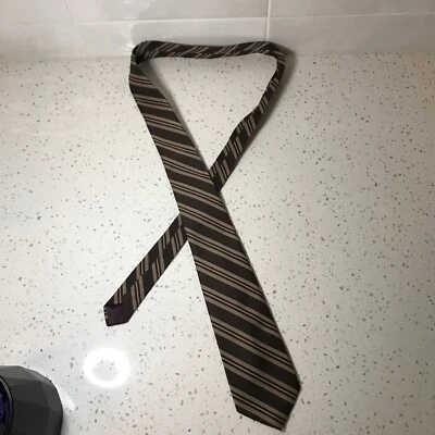 Corbata ParExcellence De Colección - 100% Poliéster Años 70 Marrón Y Taupe Rayas Retro Foto 1 de 4