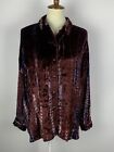 Tru Luxe Jeans Womens Velvet BLouse Top Size L Burgundy Snap Buttons Roll Sleeve