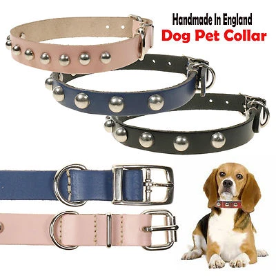Small Metal Dome Studded 100% Leather Dog Cat Collar Handmade In England - Image 1 of 2