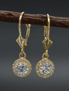 14K Solid Yellow Gold 22mm White Round halo lever back Earrings - Picture 1 of 4