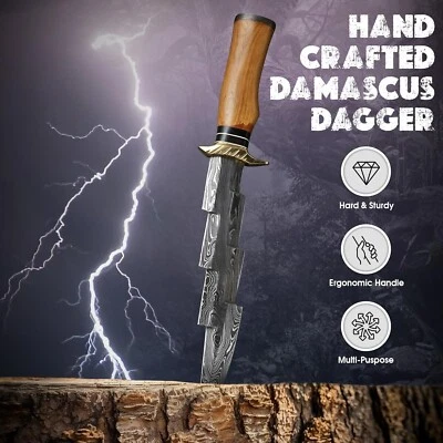 Dagger Bowie Knife Handcrafted Damascus Blade, Elegant Wooden Handle Collectible - Image 1 of 4