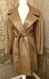 Vtg 70's Rock Retro Tan Belted Leather Trench Coat New England Sportswear Sz 8 - Picture 1 of 17