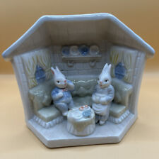 Bunny Rabbit Couple Sit on Sofa Sharing a Meal, Vintage Glossy Ceramic Figurine
