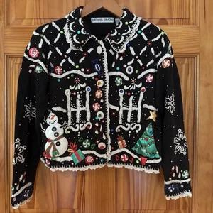 Vtg 90s Michael Simon Christmas Beaded Women’s Sweater Cardigan Sz Medium - Picture 1 of 24