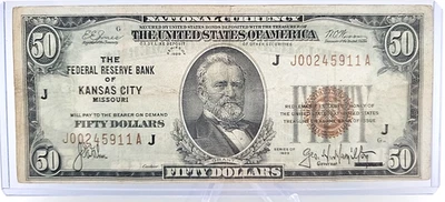 1929 $50 Federal Reserve Bank Kansas City Note Lot. H59 - Image 1 of 4