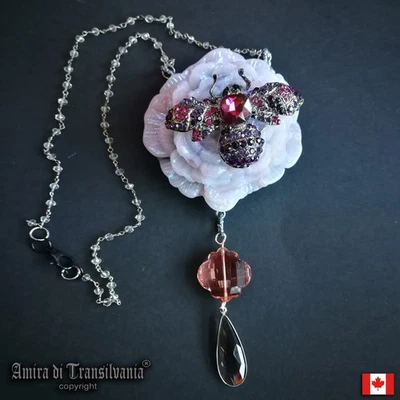 Luxury Jewelry Art Deco Flower Necklace Woman Pendant Floral Bee Insect Peony - Image 1 of 4