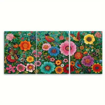 3pcs Vibrant Peruvian Folk Art Floral Bird Wall Art Canvas Unframed/Framed - Image 1 of 4