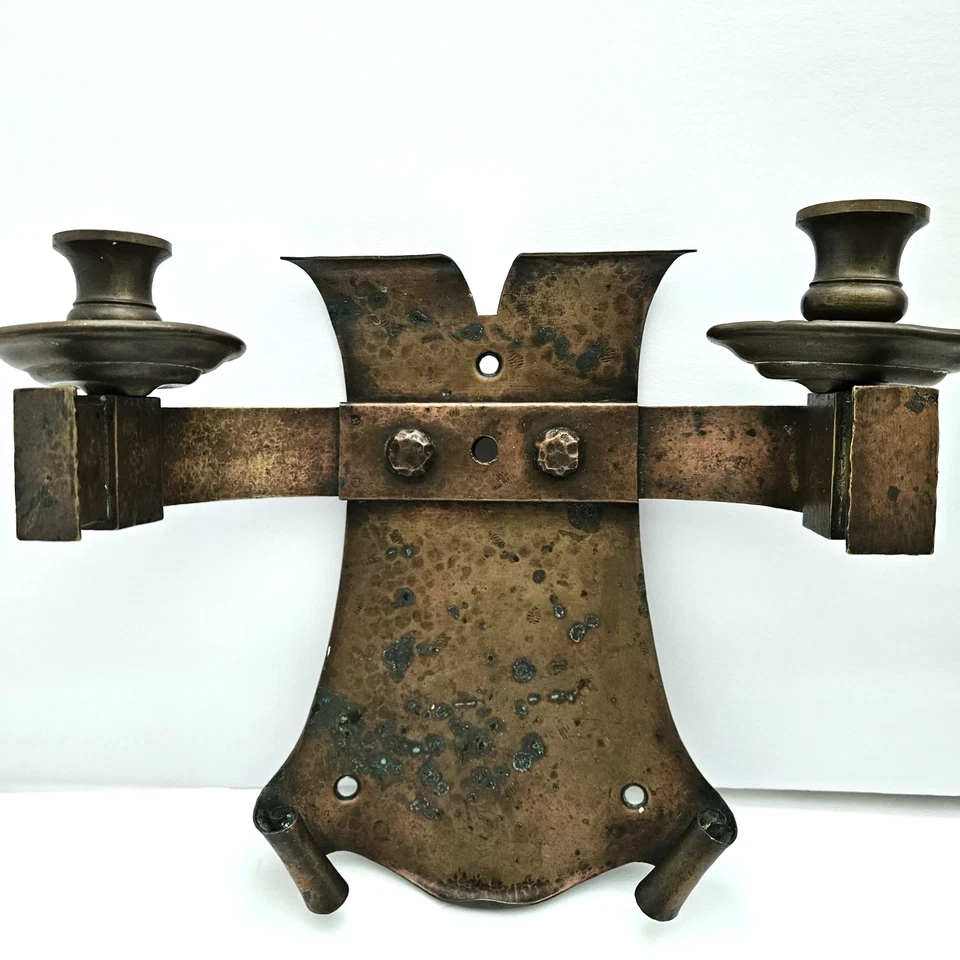 VTG Hand Hammered Arts  & Crafts Copper Brass Wall Sconce Double Candleholder - Image 1 of 4