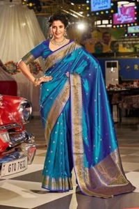 Womens Blue Kanjivaram Soft Silk Patola saree with Unstitched blouse piece - Picture 1 of 6