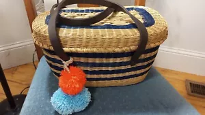 Sophie Anderson Navy Stripe Natural Wicker Woven Purse Leather Handles Pom Poms - Picture 1 of 18