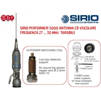 SIRIO PERFORMER P-5000 ANTENNA CB VEICOLARE, FREQUENZA 27 … 30 MHz TARABILE - Immagine 1 di 4