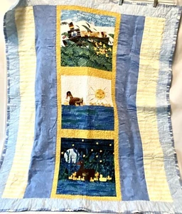 Handmade 37x45” Quilt Crib Toddler Size Multi Design Stitching Blue Yellow - Picture 1 of 9