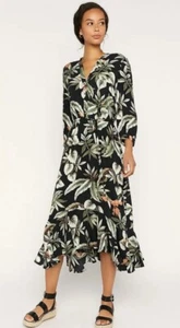 Oasis Black Tropical Leaf Orange Parrot Midi Flirty Hem Dress 14 ws £56 VGC - Picture 1 of 12