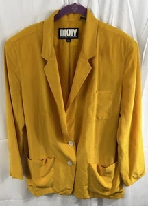DKNY Blazer Sz 14 Silk Yellow Long 2 Button Lightweight Minimalist Preppy VTG - Picture 1 of 11