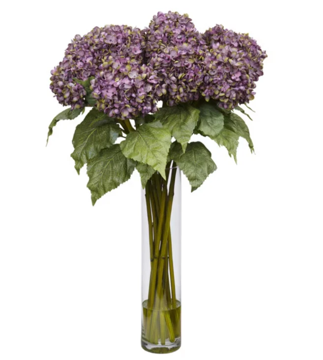 Jarrón cilíndrico arreglo floral hortensia púrpura 31" imitación seda decoración floral Foto 1 de 1