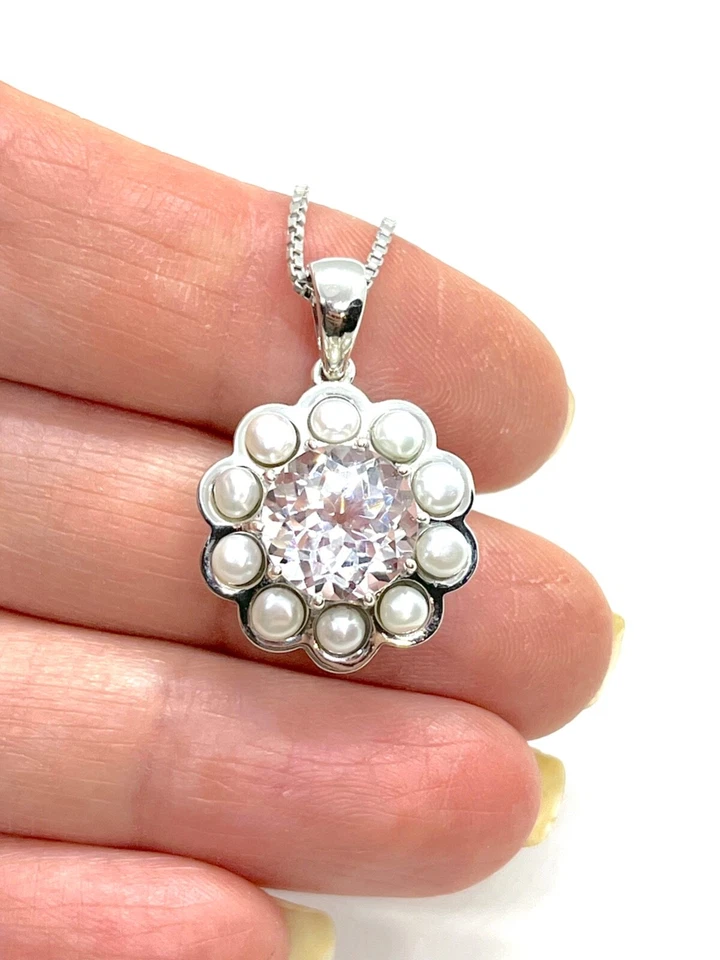 Nuevo collar colgante de topacio y perlas enchapado en platino con certificado Foto 1 de 1