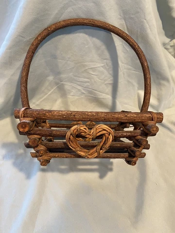 Vintage Adirondack Style Rustic Twig Basket with Heart Motif Rare Excellent Cover
