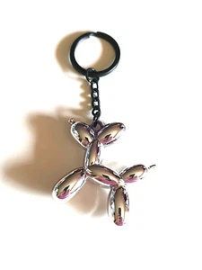 Cute Novelty Acrylic Silver Metallic Balloon Dog Black Keyring - Picture 1 of 6