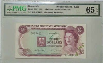 1981 BERMUDA $5 DOLLARS "REPLACEMENT" PMG65 EPQ GEM UNC [P-29b*] 'RARE' - Image 1 of 4
