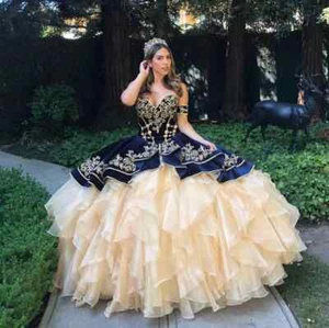 Navy Velvet+Champagne Quinceanera Dresses Vintage Embroidery Ruffle Ball Gown - Picture 1 of 10