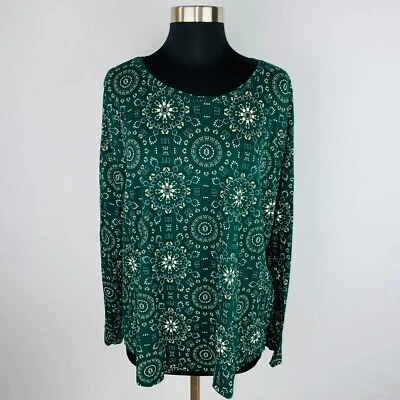 Sonoma Womens XXL Everyday Tee Dark Green White Bohemian Print Top  - Image 1 of 4
