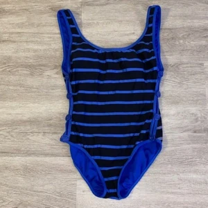 DKNY One Piece Bathing Suit Swimsuit Womens 8 Black Blue Stripe Button Sides - Picture 1 of 3