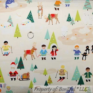 BonEful Fabric FQ Cotton Quilt White Snow Scenic Xmas Tree Snowman Sled Reindeer - Picture 1 of 12