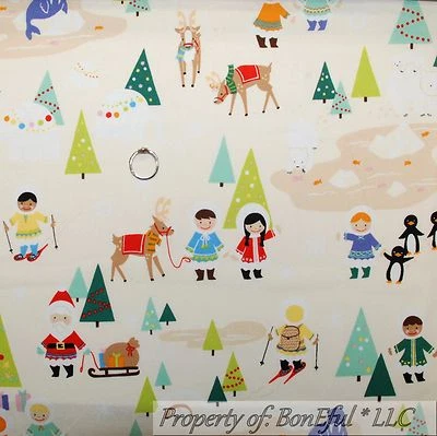 BonEful Fabric FQ Cotton Quilt White Snow Scenic Xmas Tree Snowman Sled Reindeer - Image 1 of 4