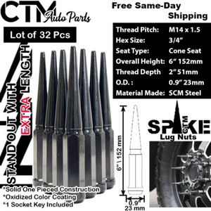 32Pc 6" TALL BLACK M14x1.5 XL SPIKE LUG NUT+KEY FIT CHEVY SILVERADO 8-LUG TRUCK - Picture 1 of 2