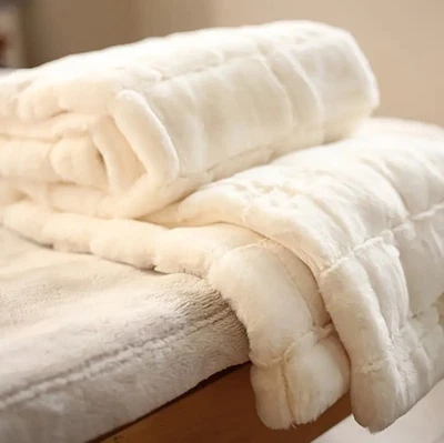 Luxury Faux Fur Thick Checkered Blanket  127x152cm Cream Double Layer Sofa Throw - Image 1 of 4