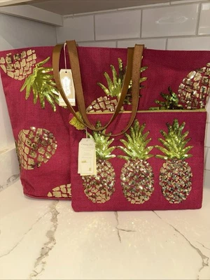 Грязь пирог тропический ослепительный розовый ананас блестящий джутовая сумка с короткими ручками и нести все Poach - Изображение 1 из 4
